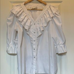 Mondiki Square Dancing White Ruffled Button-Up Blouse